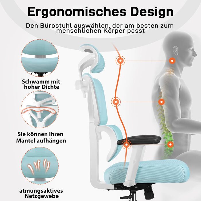 Офісне крісло DoChair Еластична сітчаста спинка Ергономічний стілець Регульований підголівник і висота Ігрове крісло з вішалкою, (світло-блакитний)