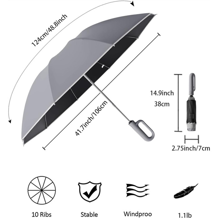 Парасолька для гольфу перевернута зворотна 10 ребер, автоматична, захист від ультрафіолету UPF 50, світловідбивачі, 106см (сірий)