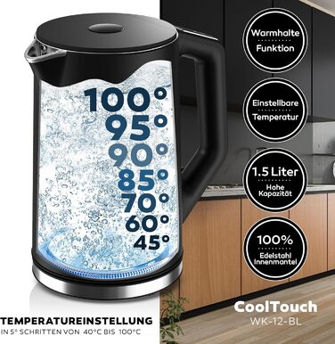 Електричний чайник BALTER з регулюванням температури, 1.5L, 2200W, білий/чорний, нержавіюча сталь, подвійні стінки, BPA free, бездротовий