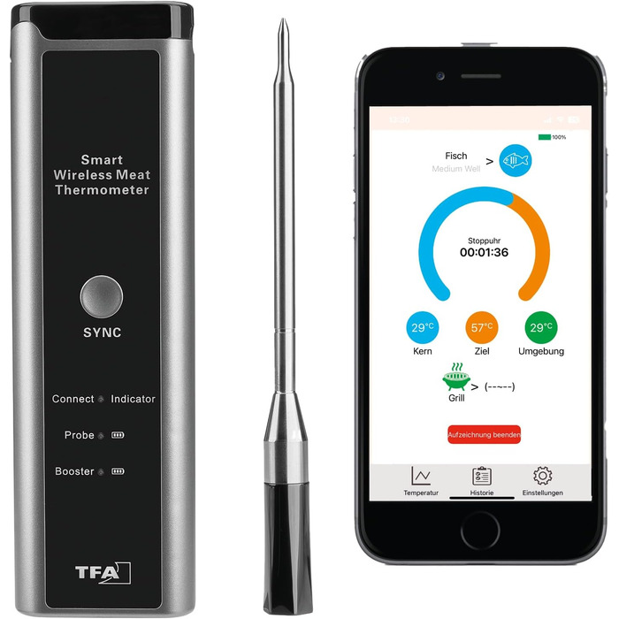 Бездротовий термометр для м'яса TFA Dostmann SMART BBQ з дальністю 70 м, для гриля/духовки/фритюрниці, миється в посудомийній машині, чорно-сірий