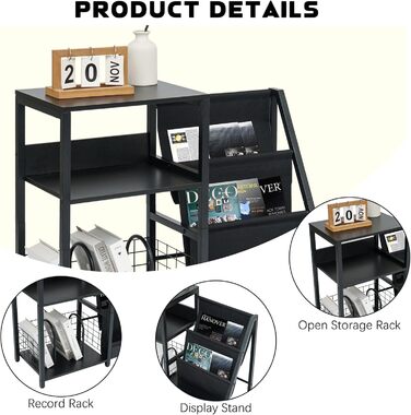 Стійка для програвача вінілу з 3-ярусним зберіганням для 200 альбомів, металевий каркас, CD та Record шафа, стійка для програвача та дерев'яна шафа для платівок для вітальні, кімнати відпочинку
