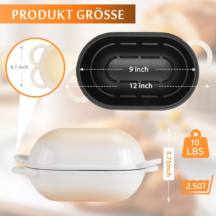 Форма для випікання хліба з кришкою Gusseisen, 23 см, емальована чавунна форма, 2.75 л, для випікання хліба, підходить для духовки (перехідний колір блакитно-зелений)