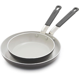 Набір сковорідок GreenPan x Bobby Flay, 20.3 см та 25.4 см, керамічне антипригарне покриття без PFAS та PFOA, індукційне, з силіконовим ручкою, придатні для миття в посудомийній машині та духовці, сірий