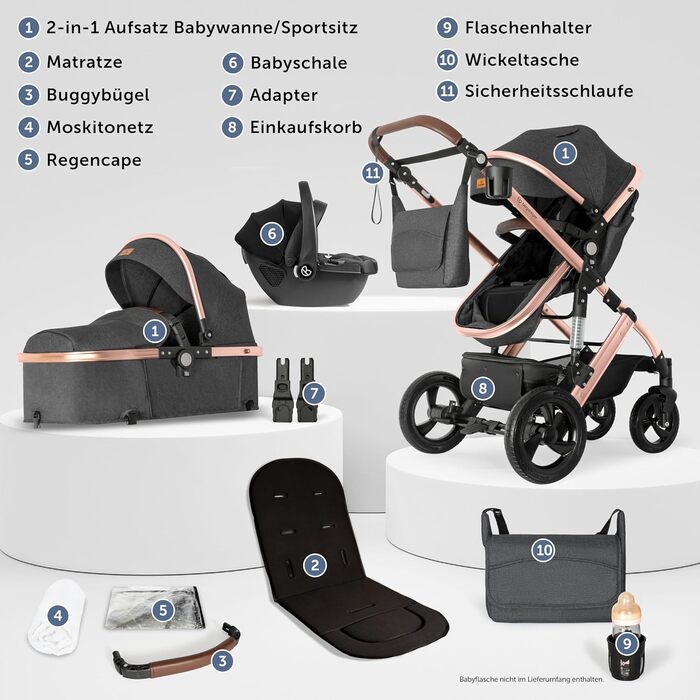 Дитяча коляска Bergsteiger Nizza 3 в 1 (сірий колір), комплект: автокрісло, шасі rose golden, люлька, прогулянковий блок
