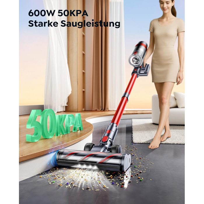 Бездротовий акумуляторний пилосос SunSare 600W з потужністю всмоктування 50000Pa, 65 хвилин роботи, док-станція, автоматичний режим, сенсорний екран, висувний шланг 1м для твердих поверхонь, килимів та шерсті тварин