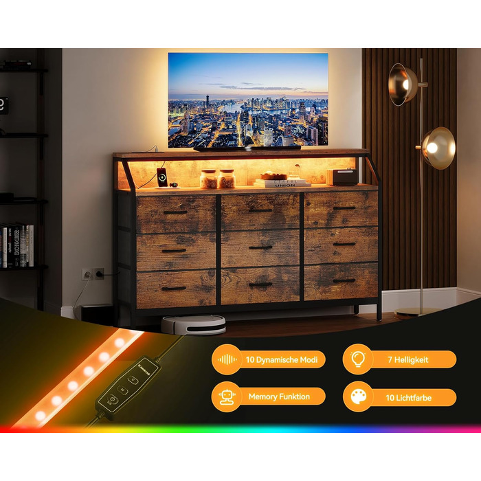 Комод ODK з висувними ящиками, 9 тканинних ящиків, 2 розетки, 2 USB-порти, LED-підсвітка, для спальні/вітальні, вінтажний стиль