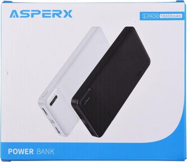 Набір AsperX Power Bank з 2 шт. , 10000 мАг (вхід/вихід USB-C) Тонкий зовнішній акумулятор, чорний/білий