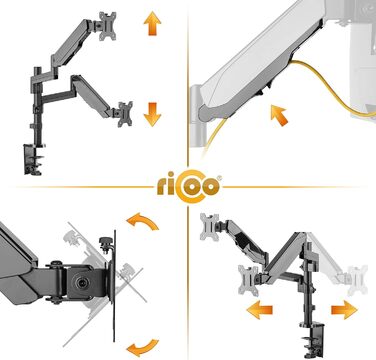 Кріплення для монітора RICOO TS3911 - 2 монітори, газ-амортизатор, VESA 75x75/100x100, 17-32 дюйми