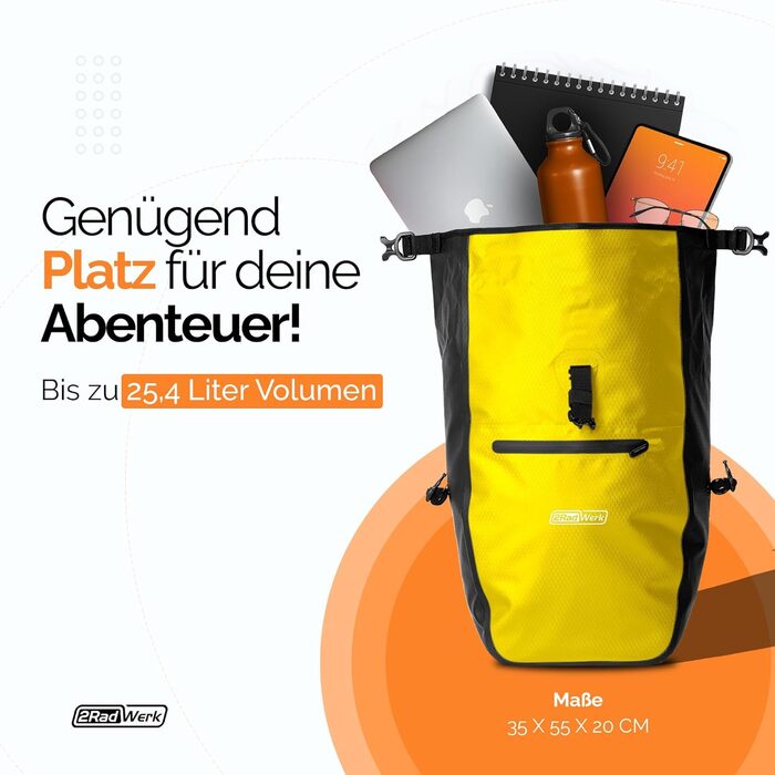 Для багажника 25,4 л, 100 водонепроникний, з ручкою та плечовим ременем, багажна полиця для велосипедної сумки, сумка для багажу, задня сумка для велосипеда (жовта), 2Radwerk Pannier