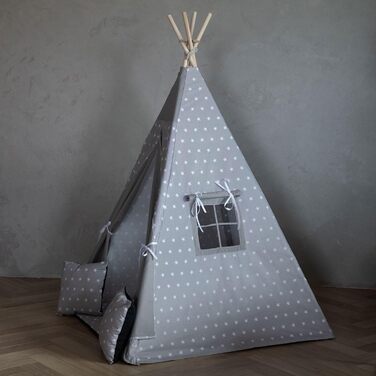 Дитяче намет PaLulli® Tipi з бавовни, з м'яким килимком, системою стабілізації, лампою-ліхтарем та декоративними подушками (сірий зі зірками)