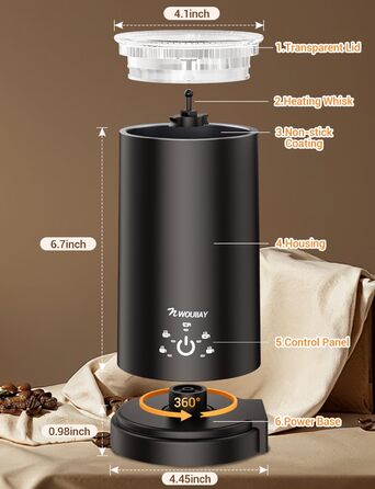 Електричний спінювач молока 5-в-1 600W з антипригарним покриттям. Підходить для приготування гарячого та холодного молочного пін, какао, лате, капучино. Чорний.