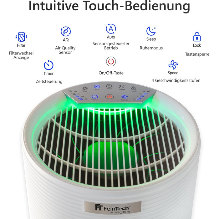Повітряочисник FeinTech для курців з активованим вугільним фільтром, HEPA 13, до 45 м², для алергіків, проти запахів, пилу, пилку, шерсті тварин та Aerosole, FLR00100