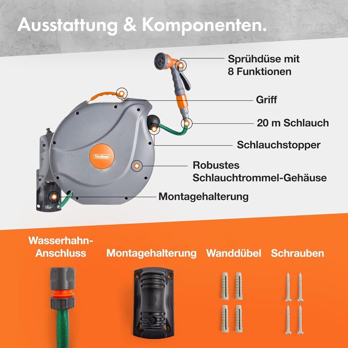 Шланг-змотчик VonHaus 30м з автоматичним підйомом, поворотний на 180°, з пістолетом для поливу (20м)