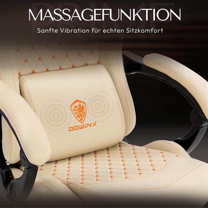 Ігровий крісло Dowinx з регульованою підніжкою, масажером попереку та офісним комфортом, до 200 кг, 165° нахил спинки, бежевий