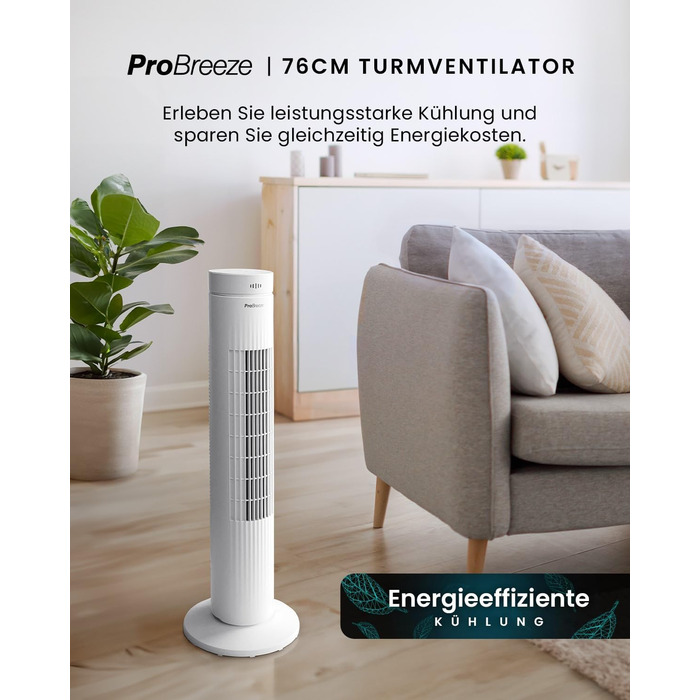 Турбовентилятор Pro Breeze з дистанційним керуванням, 76 см, осциляція 65°, таймер, 3 швидкості, тихий, для спальні та офісу, білий