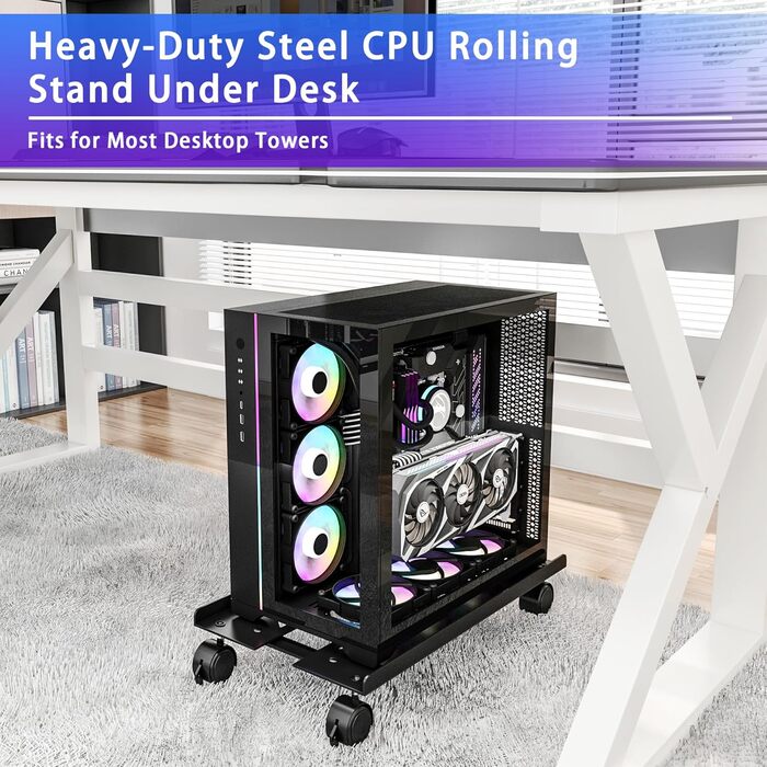 Стійка для ПК з металу, підставка для комп'ютера, регульована підставка для CPU, універсальна мобільна стійка з колесами для під столом