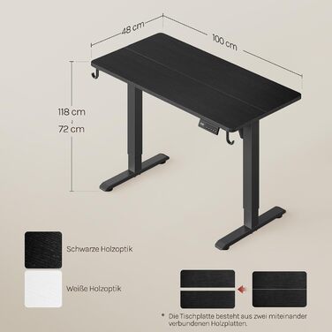 Електричний підйомний стіл WOLTU з функцією пам'яті та захистом від зіткнень, комп'ютерний стіл для дому та офісу, чорний, 100 x 48 см