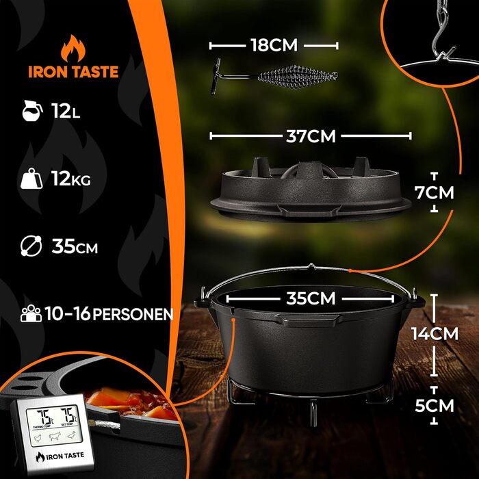 Набір чавунних казанів Dutch Oven 12л з кришкою, підйомником та підставкою з нержавіючої сталі, на 10-16 осіб