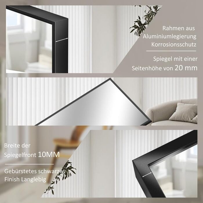 Дзеркало настінне Spiegel Schwarz 40x160 см з чорною рамою. Повнорозмірне дзеркало для спальні, вітальні або ванної кімнати. Прямокутне дзеркало з алюмінієвою рамою 40L x 160B cm