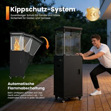 Газовий обігрівач Sweetcrispy для тераси 11 кВт, чорний. Модель для вулиці, з поворотним підставою та захистом від перекидання. Газовий нагрівач для саду та відпочинку на відкритому повітрі. Працює на пропані/бутані. (Газовий балон не входить у комплект)