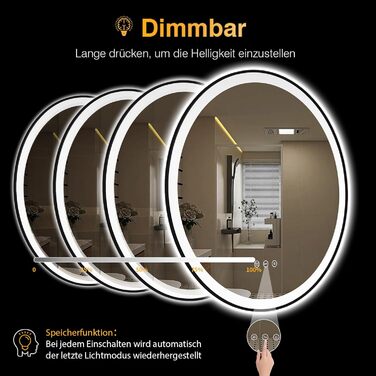 Дзеркало кругле PESENXAN 70см з підсвічуванням та чорним каркасом. Антизапарник, регулювання яскравості, 3 кольори світла, LED, сенсорне управління, функція пам'яті. Розміри: 70x70 см