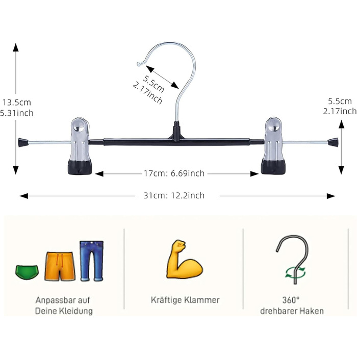 Вішалка для брюк 30 см металева, нековзні затискачі, економія місця для штанів/шортів/спідниці/шкарпеток/нижньої білизни, 8 шт.