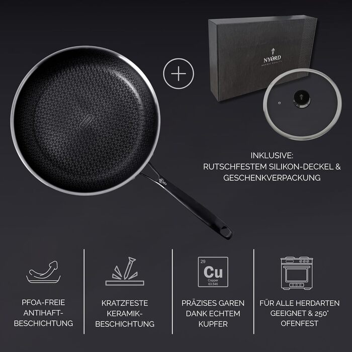 Сковорода NYORD з антипригарним покриттям, стійка до подряпин, з вафельною структурою, придатна для миття в посудомийній машині, гібридна сковорода, керамічне покриття, без PTFE та PFOA, для духовки, для індукційних, газових та керамічних плит, з кришкою 