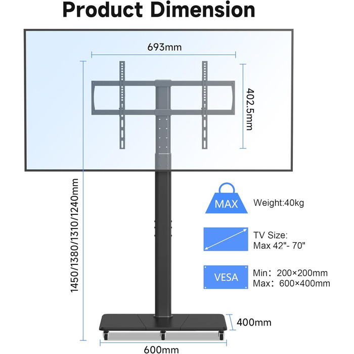 Підставка для телевізора на колесах, регульована по висоті, для екранів 42-70 дюймів, до 40 кг, VESA 600x400 мм
