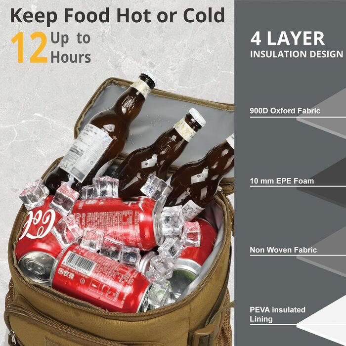 Тактичний холодильний рюкзак 25L – ізольований, водовідштовхуючий, міцний. Ідеальний для роботи, відпочинку, кемпінгу та піших прогулянок (Колір: Коричневий)