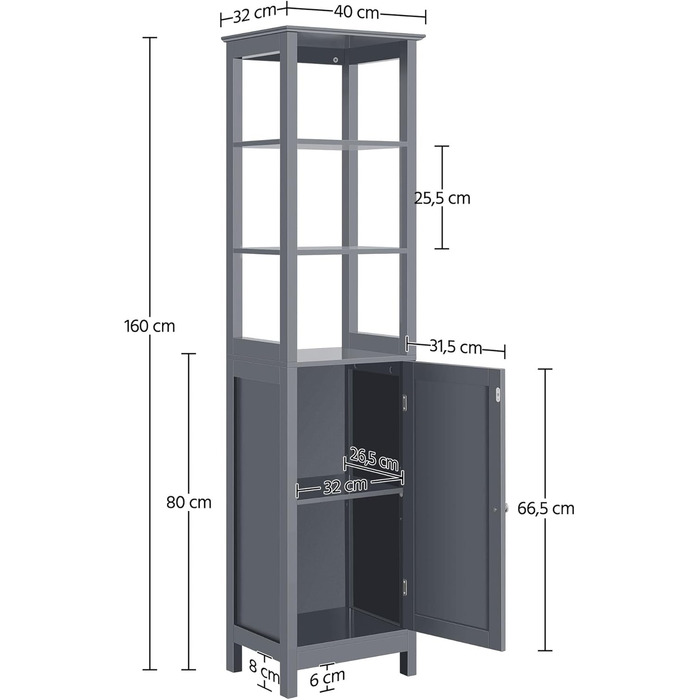 Висока шафа Yaheetech, тумба для ванної кімнати, полиця для підставки, 3 відкриті відділення, регульована полиця, темно-сірий