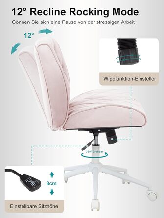Крісло для дому та офісу Symino з функцією гойдання, крісло для макіяжу та письма, обшите штучною замшею, регульоване по висоті, 360° обертання, ергономічне, до 150 кг, велике, рожеві кнопки