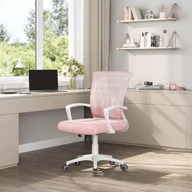 Офісний стілець Yaheetech ергономічний з сітчастою спинкою, регульований, з підлокітниками, до 136 кг (Рожевий)