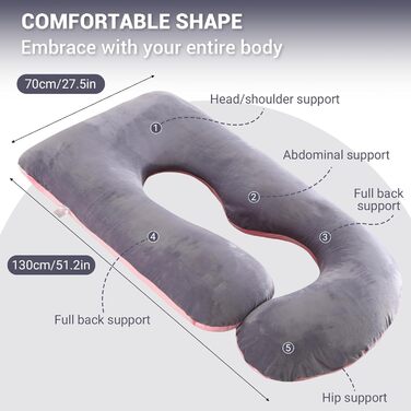 Подушка для вагітних BBWELL U-подібної форми, 80x120x180 см, сіро-рожева