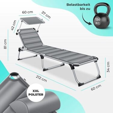 Кесер® Сонячне ліжко Sun з дахом: розкладне ліжко для саду, пляжу та відпочинку. Алюмінієвий каркас, регульована спинка, зручний матрац, сірий колір.