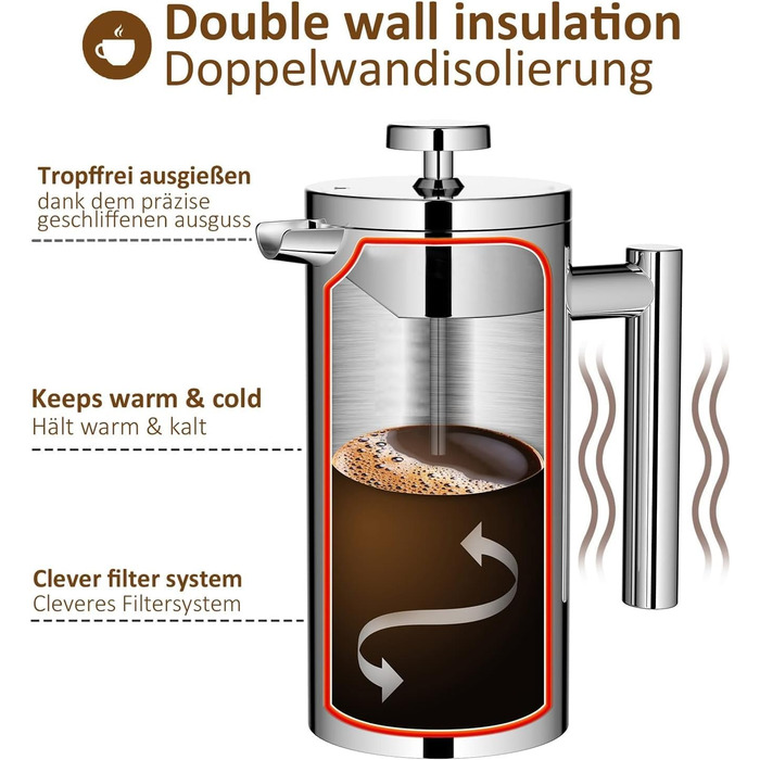 Френч-прес MaxMiuly для кави, 0,35 л, нержавіюча сталь, з подвійними стінками, 2 сита, сріблястий