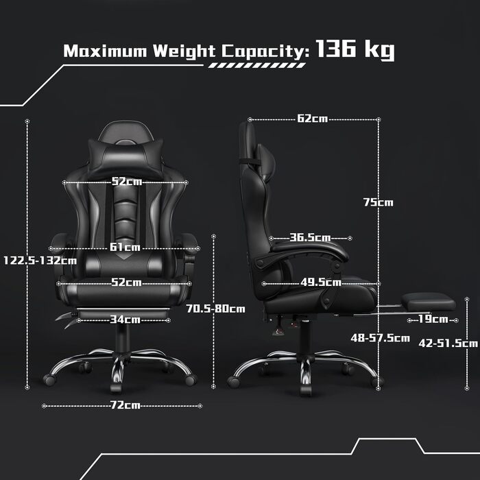 Ігровий крісло Yaheetech з масажем, регульована спинка 90-135°, комп'ютерне крісло з підніжкою, білий (чорний)