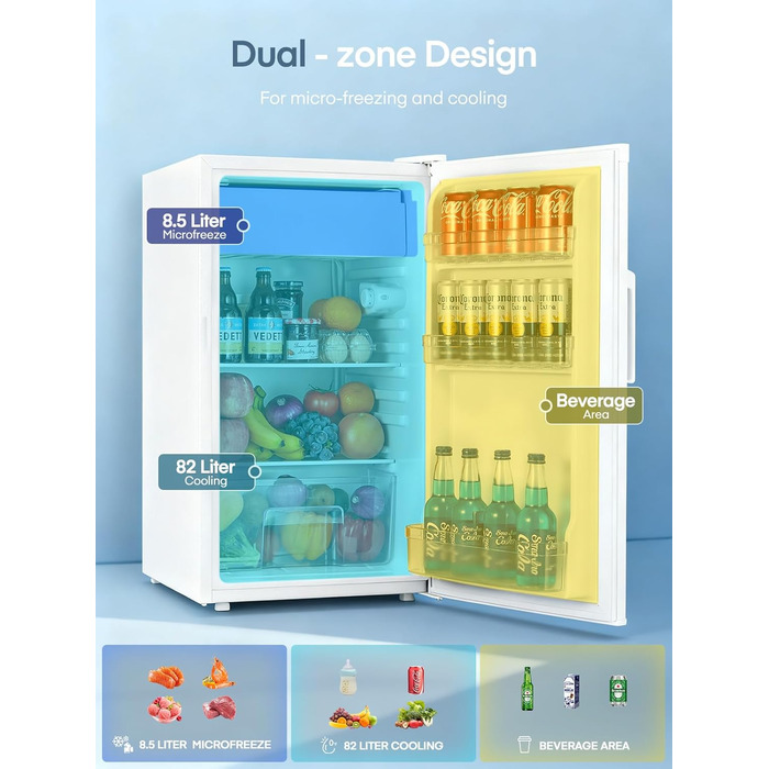 Компактний холодильник FOHERE на 90л з морозильною камерою, регулюванням температури (7 рівнів) та відділенням для овочів, білий