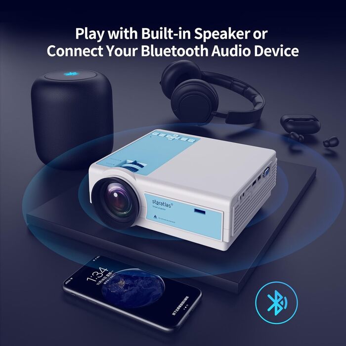 Проектор Staratlas Beamer 5G WiFi Bluetooth Full HD 12000 Люмен, Native 1080P 4K, для домашнього кінотеатру, сумісний з iOS/Android/Fire Stick/HDMI/USB/PS5, білий (біло-сірий)