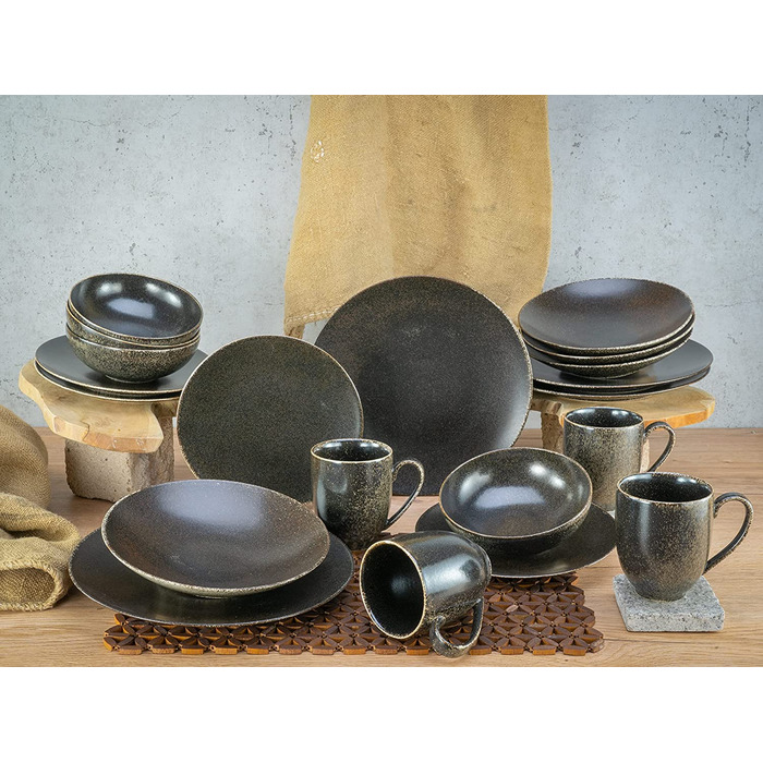 Серія RUSTY, Набір посуду, комбінований фарфор, коричневі тони (набір тарілок з 12 предметів), 22407