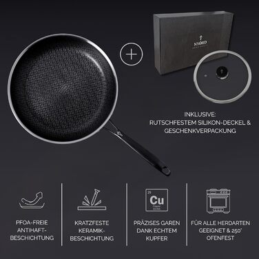 Сковорода NYORD з антипригарним покриттям, стійка до подряпин, з вафельною структурою, придатна для миття в посудомийній машині, гібридна сковорода, керамічне покриття, без PTFE та PFOA, для духовки, для індукційних, газових та керамічних плит, з кришкою 