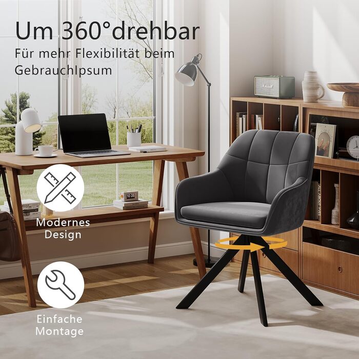 Набір з 6 обертових кухонних стільців сірого кольору з підлокітниками, з м'яким сидінням, для вітальні та кухні. Стільці з металевими ніжками, оббивка з велюру.