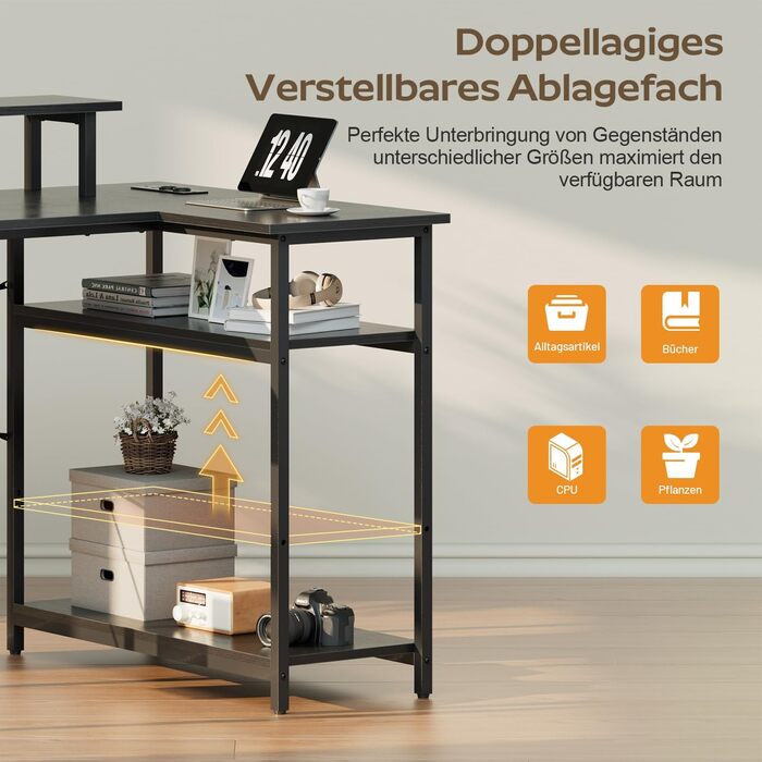 Кутовий стіл HLONONE з LED-підсвіткою та розетками, 110 x 80 см, з полицею, для комп'ютера, геймінгу, офісу, дому, білого (чорного) кольору