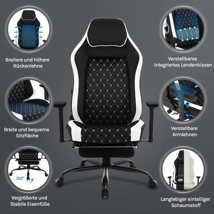 Ігровий крісло WOLTU, ергономічний офісний стілець з інтегрованим м'яким наповнювачем, адаптивною підтримкою попереку, підставкою для ніг та регульованими підлокітниками, металевий каркас