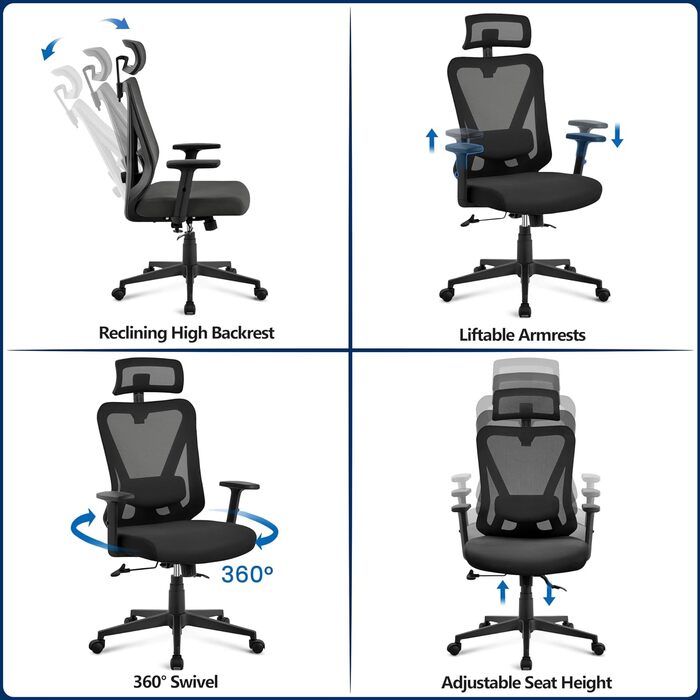 Ергономічний офісний стілець, стілець для робочого столу з регульованим підголовником, підлокітниками, поперековою опорою, регульований по висоті, поворотний стілець з функцією гойдання, стілець для керівника з сітки, чорний