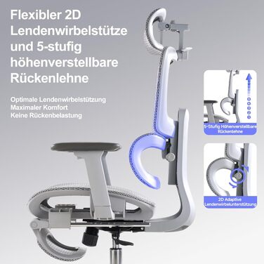 Ергономічне крісло для офісу з підніжкою та подушкою для шиї, 5-рівнева регульована спинка, 2D підтримка попереку, 3D підлокітники/підголівник, функція нахилу 145°, сітчасте сидіння, гумові колеса (Сірий, Lite)