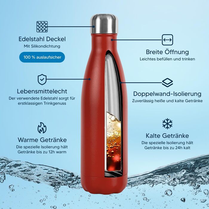 Спортивна пляшка для води з нержавіючої сталі Polar Effect 500 мл з гравіюванням - Ізольована пляшка для води - для спорту та активного відпочинку (червона)