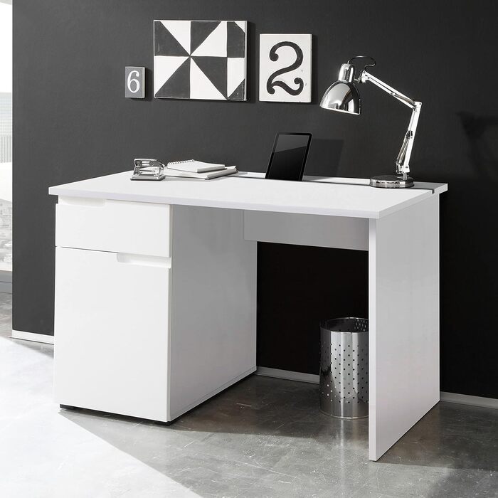 Письмовий стіл Stella Trading SPICE з висувною шухлядою, глянцевий білий - офісний стіл Комп'ютерний стіл для домашнього офісу з місцем для зберігання та практичною панеллю для планшета - 120 x 76 x 67 см (Ш/В/Г)
