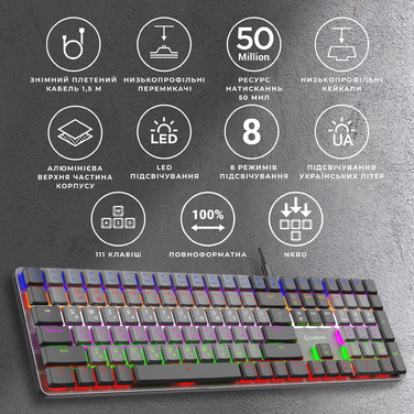 Дротова механічна клавіатура GamePro MK145R Red Switch Low Profile Dark Gray