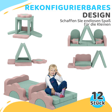 Набір з 12 м'яких блоків для лазіння, конструювання та повзання, ігровий килимок для дому з обтягуванням з тканини, зелений+рожевий