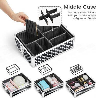 Ягетеч Косметичка-Тролі 4-в-1, Великий Косметичний Ящик для Макіяжу, Закривається на Замок, Багатофункціональний Ящик для Візажистів, Красота з Коліщатками та Висувною Шухлядою (Блискучий Чорний)